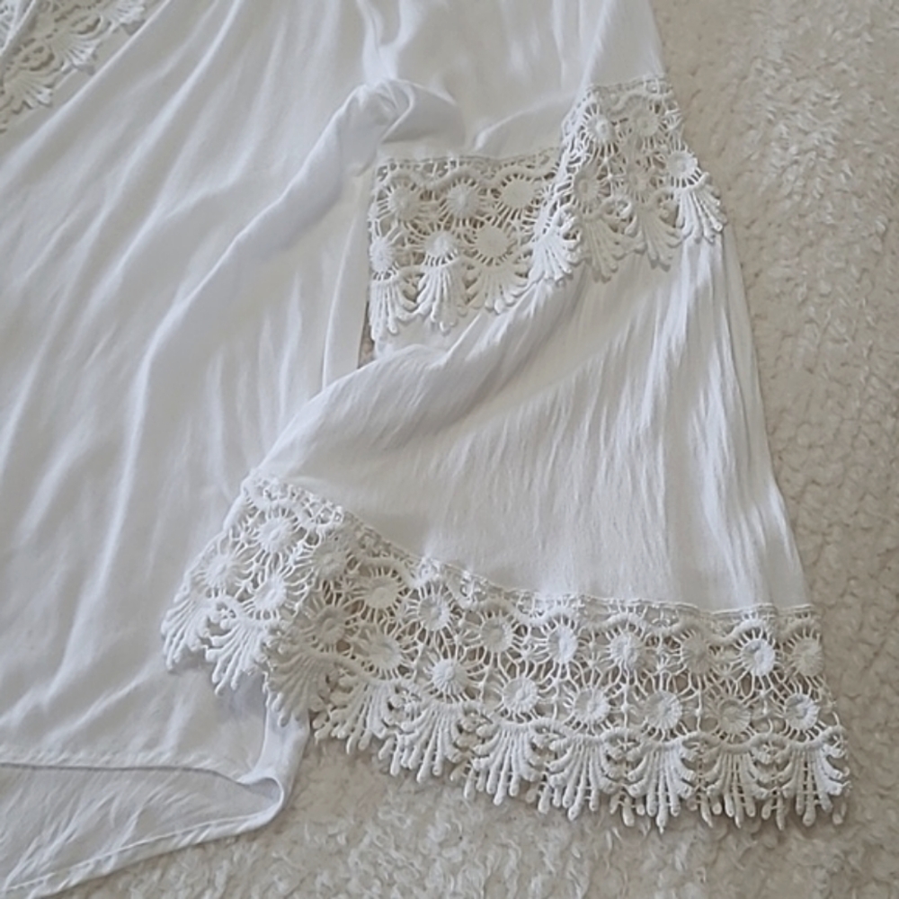 Democracy Blouse Elegant White Lace Crochet Trim Top Bell Sleeve Tassel Tie Larg - Picture 8 of 12